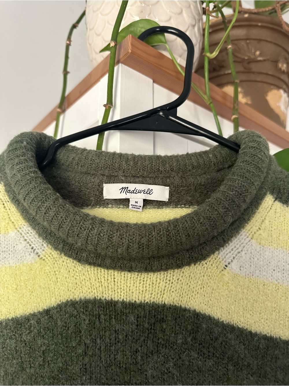 Madewell Olive Green, Yellow & White Striped Crewneck Sweater M